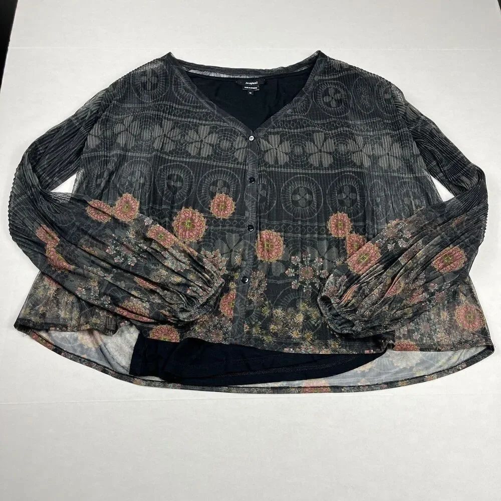 Desigual Boho Peasant Blouse Floral Button Down Long Sleeve Y2K Artsy Top Medium